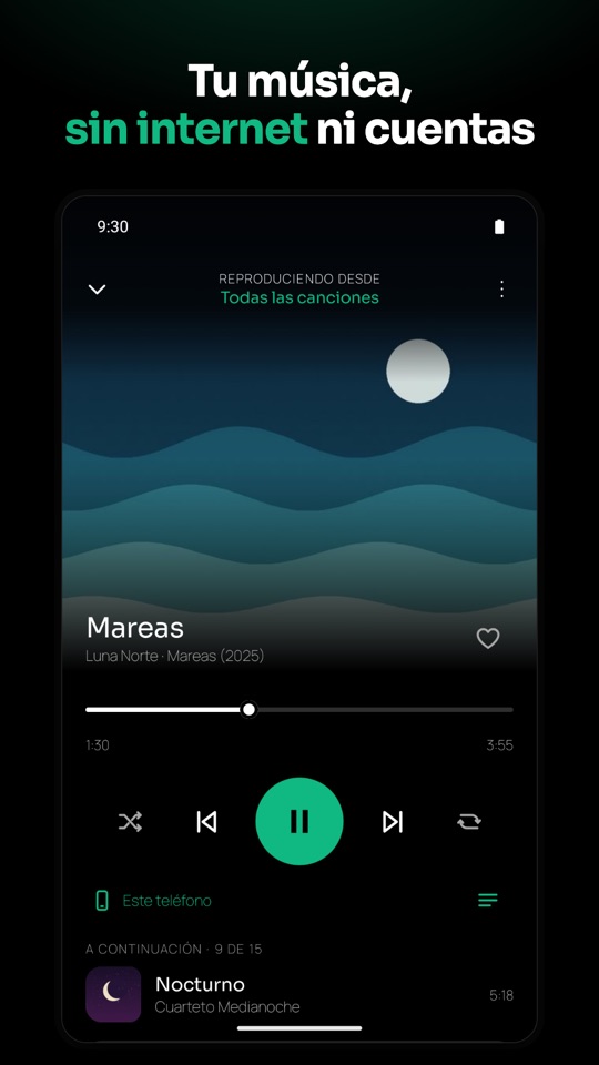 Pantalla del reproductor de ArciBeat con la canción en curso, sus controles y la siguiente en la cola.