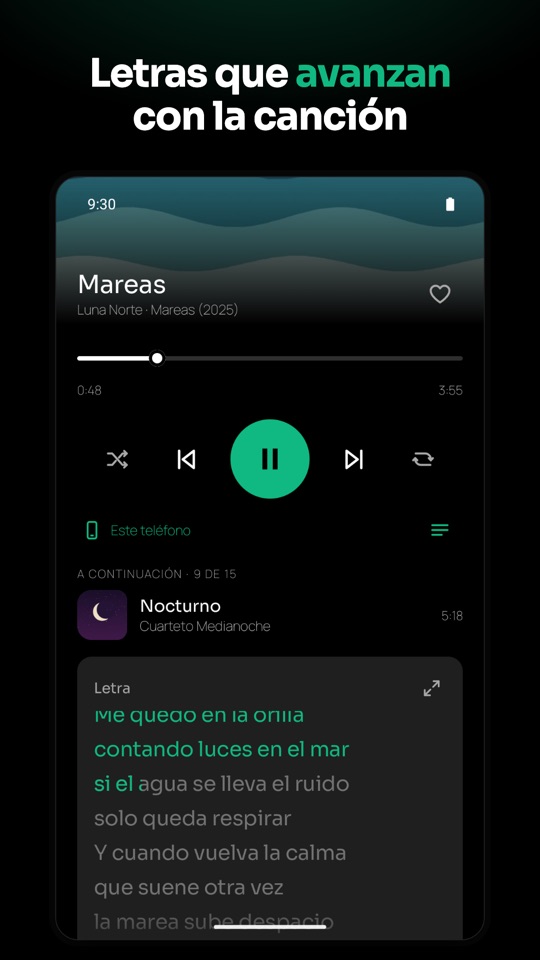 Letras que avanzan con la canción, con la línea actual resaltada.