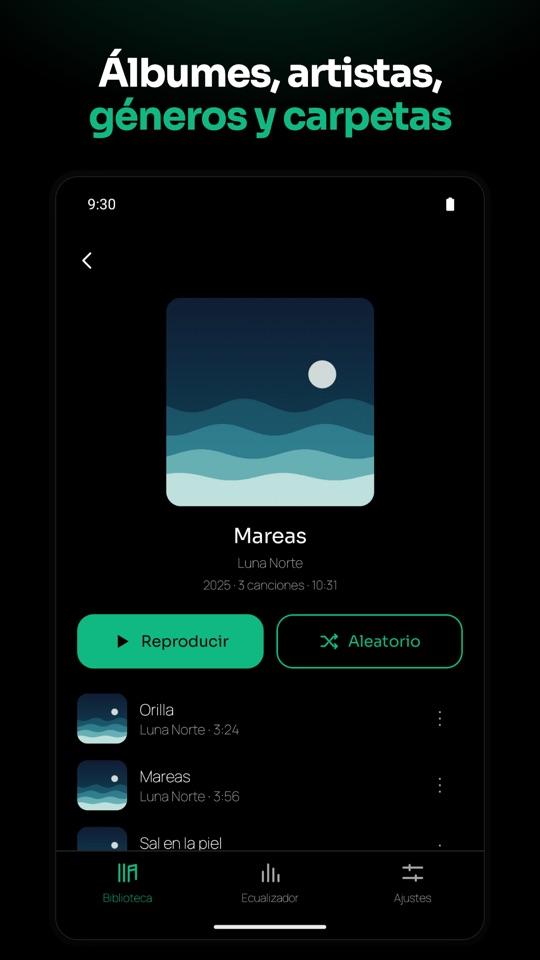 Álbumes, artistas, géneros y carpetas: la vista de un álbum con sus canciones.