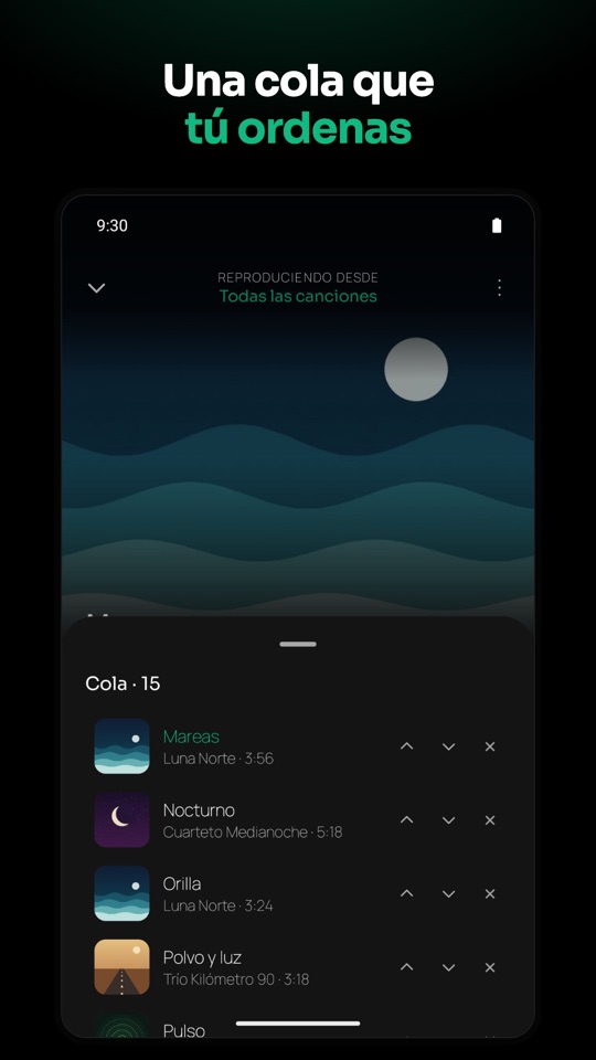 Una cola que tú ordenas: canciones que se suben, se bajan o se quitan.
